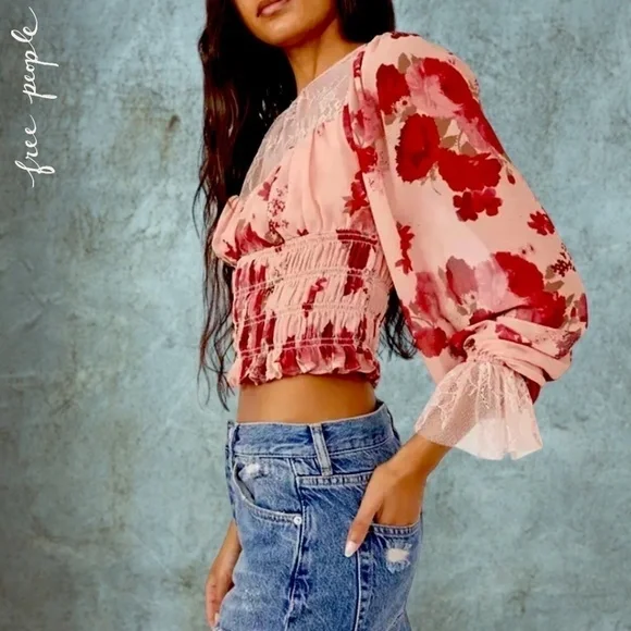 FREE PEOPLE Daphne Rose/Floral Long Sleeve Sheer Lace Ruched Blouse-Sm NWT - Picture 3 of 16